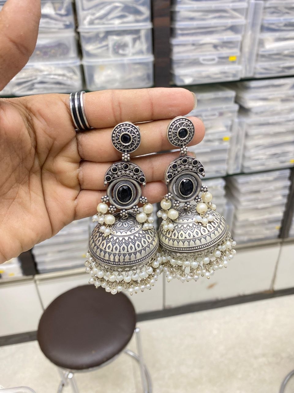 Bold Oxidized Silver look with Black stones and Pearl Jhumka drops